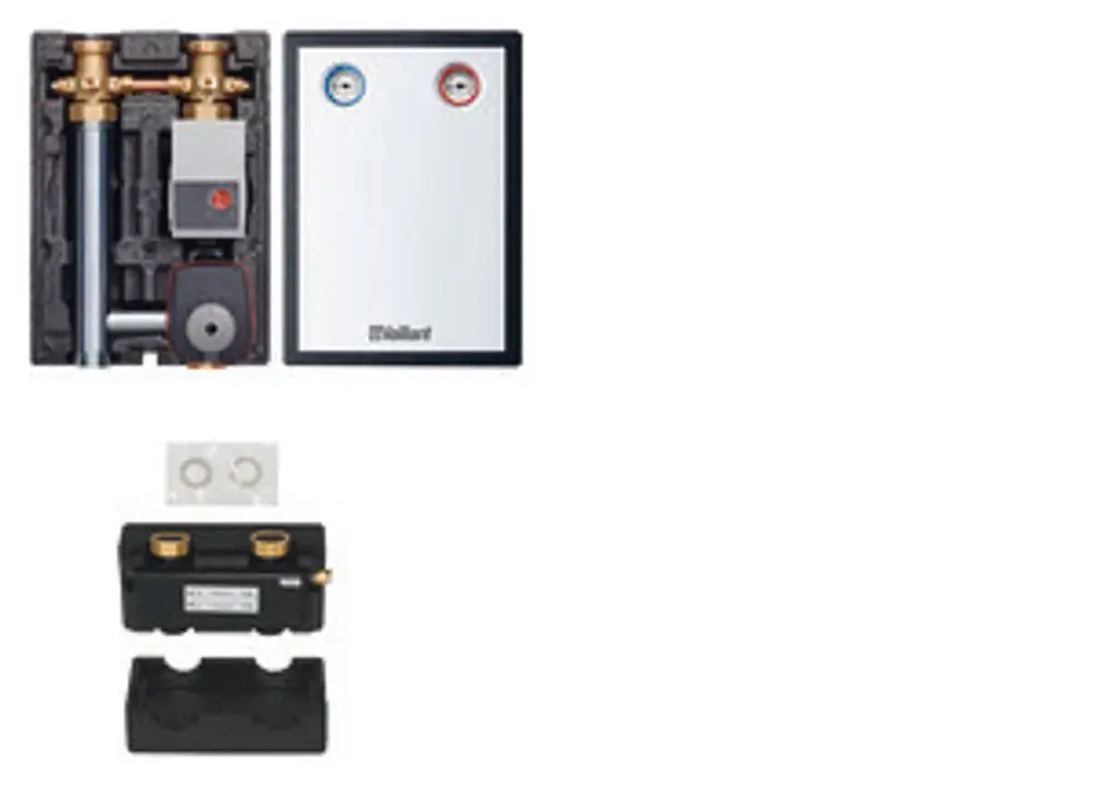 Vaillant Produkt für Heizungsanwendungen, bestehend aus verschiedenen Komponenten wie Pumpen und Anschlussstellen, zur Integration in ein Mischerkreis-System.
